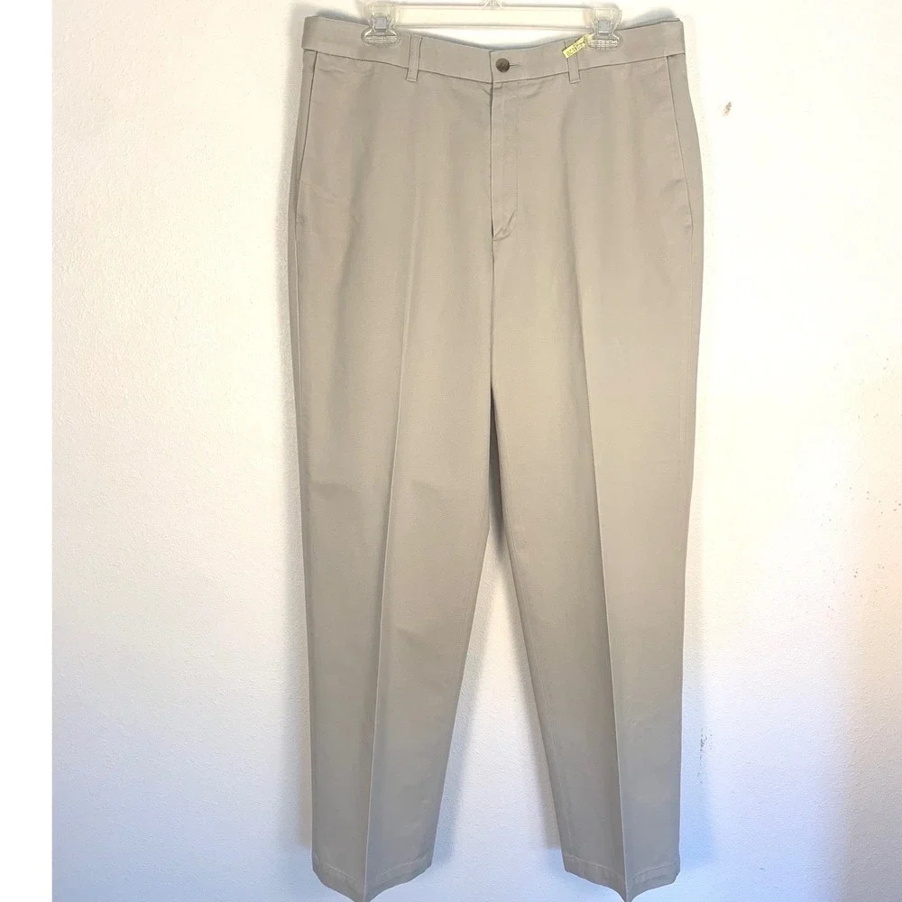 Haggar Mens Dress Pants 36x32 Khaki Flat Front Expandable Waist Cotton‎